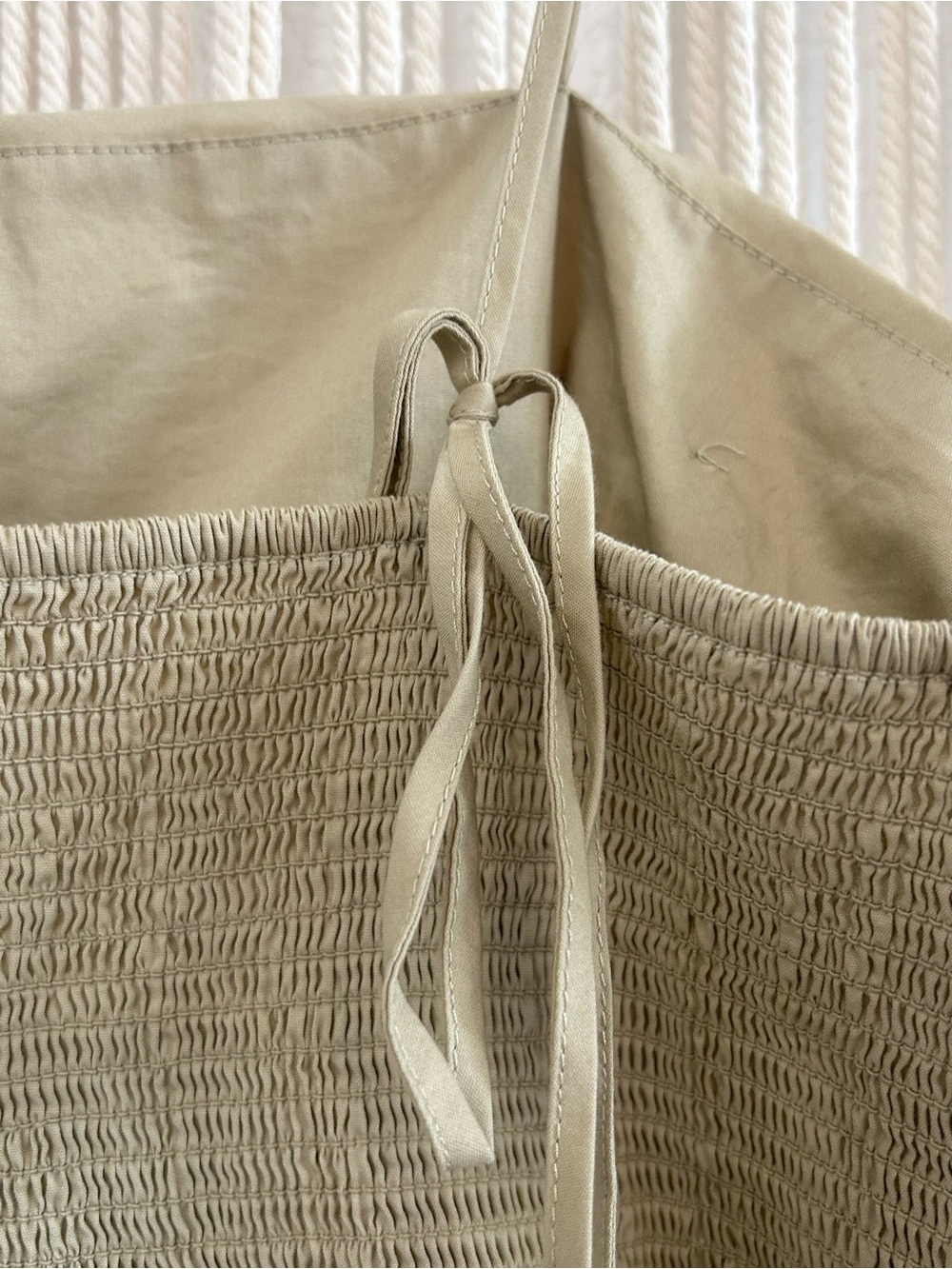 Express Rouched Bodice Mini Dress Beige Spaghetti Strap Cotton Blend Size L - Picture 10 of 13